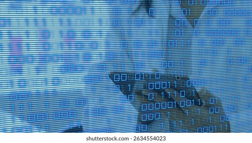 Image of binary coding over mid section of female scientist using digital tablet at laboratory. Medical research and science technology concept - Powered by Shutterstock - Get 15% off with code: PIKWIZARD15
