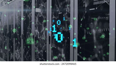 Image of binary coding over network of connections and digital icons against server room. Computer interface and business data storage technology concept
