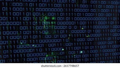 Image of binary coding over server room. global business, cloud computing and digital interface concept digitally generated image.