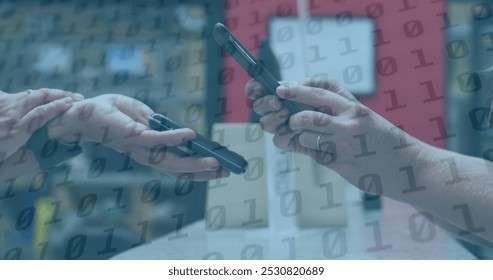 Image of binary coding over two caucasian women using smartphones on climbing wall. social media and communication interface concept digitally generated image. - Powered by Shutterstock