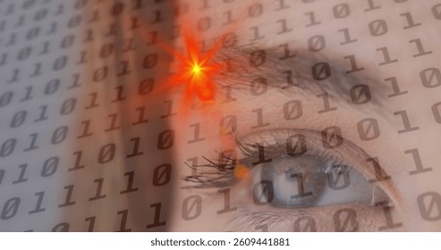 Image of binary coding processing with glowing spot over woman's eye. global connection, data processing and digital interface concept digitally generated image. - Powered by Shutterstock - Get 15% off with code: PIKWIZARD15