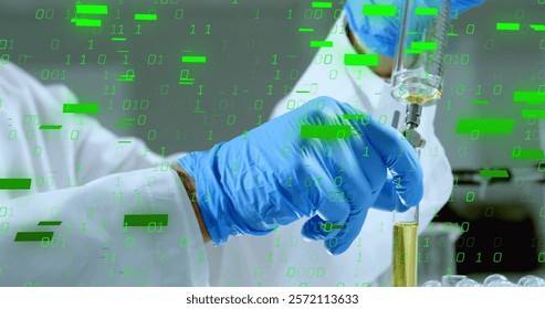 Image of binary coding and shapes over caucasian male scientist doing experiment in lab. Science and digital interface concept digitally generated image.