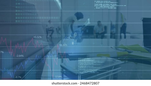 Image of binary coding, statistics and financial data processing over diverse business people. Global business, finances, computing and data processing concept digitally generated image.