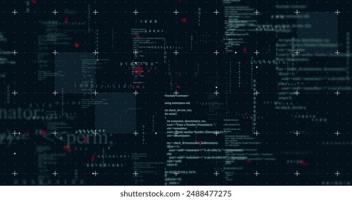Image of binary and text data processing over grid on black background. Connection, data, processing, digital interface and communication, digitally generated image.