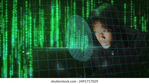 Image of biometric fingerprint and binary coding over african american man using laptop. Global computing, digital interface and data processing concept digitally generated image.