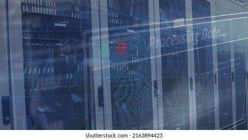 Image of biometric fingerprint and data processing over computer servers. global computing, digital interface and data processing concept digitally generated image.