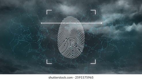 Image of biometric fingerprint and data processing over clouds. Global business, connections, computing and data processing concept digitally generated image.