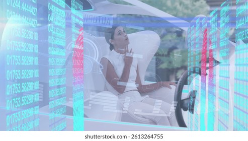 Image of biometric fingerprint and data processing over woman in self drive car. global technology, data processing and digital interface concept digitally generated image.