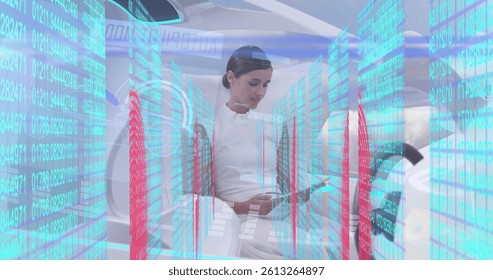 Image of biometric fingerprint and data processing over woman in self drive car. global technology, data processing and digital interface concept digitally generated image.