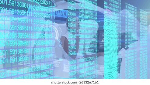 Image of biometric fingerprint and data processing over woman in self drive car. global technology, data processing and digital interface concept digitally generated image.