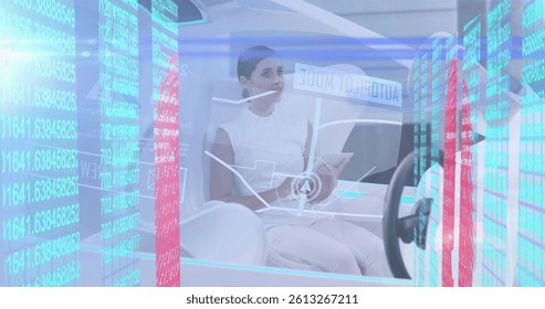 Image of biometric fingerprint and data processing over woman in self drive car. global technology, data processing and digital interface concept digitally generated image.