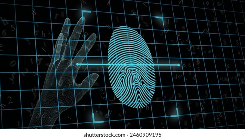 Image of biometric fingerprint, hand, data processing over grid. Global science, research, digital interface and data processing concept digitally generated image. - Powered by Shutterstock - Get 15% off with code: PIKWIZARD15