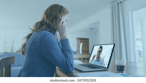 Image of biometric fingerprint over businesswoman using phone headset and laptop. global online security, data processing, digital interface and technology concept digitally generated image. - Powered by Shutterstock