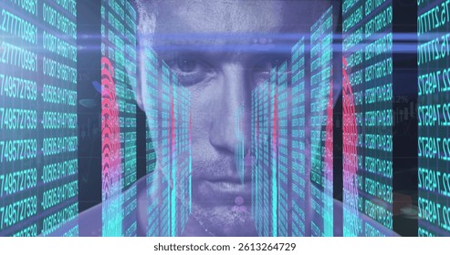 Image of biometric fingerprints and data processing over mans face. global technology, data processing and digital interface concept digitally generated image.