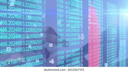 Image of biometric fingerprints and data processing over woman using tablet. global technology, data processing and digital interface concept digitally generated image.