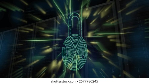 Image of biometric padlock, circuit board and digital data processing over computer servers. Global connections, computing and data processing concept digitally generated image.