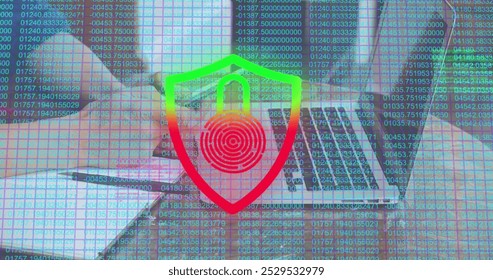 Image of biometric padlock, data processing and networks over woman using laptop. Global computing, networks, business, finance and data processing concept digitally generated image.