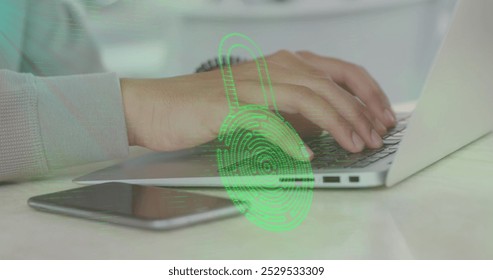 Image of biometric padlock, data processing over man using laptop. Global computing, networks, business, finance and data processing concept digitally generated image.