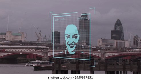 Image of biometric photo and data processing over london cityscape. Global business, finances, computing and data processing concept digitally generated image. - Powered by Shutterstock