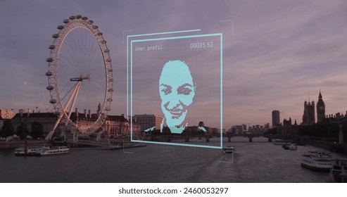 Image of biometric photo and data processing over london cityscape. Global business, finances, computing and data processing concept digitally generated image. - Powered by Shutterstock