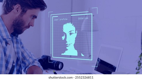 Image of biometric photo and data processing over caucasian businessman using computer. Global finance, business, connections, computing and data processing concept digitally generated image. - Powered by Shutterstock