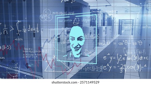 Image of biometric photo and digital data processing over computer servers. Global connections, computing and data processing concept digitally generated image.
