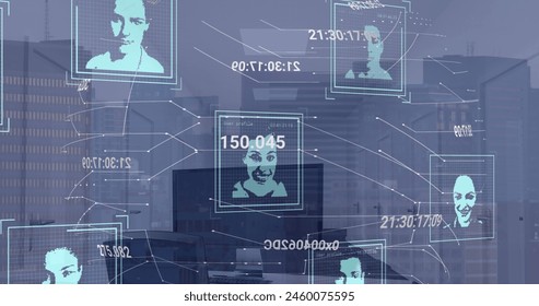 Image of biometric photos and data processing over office. Global connections, computing and data processing concept digitally generated image.