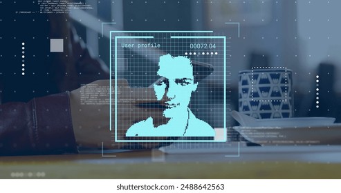 Image of biometric photos data processing over caucasian man using smartphone. Global artificial intelligence, connections, computing and data processing concept digitally generated image.