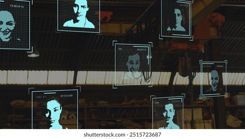 Image of biometric photos data processing over warehouse. Global shipping, finance, business, connections, computing and data processing concept digitally generated image. - Powered by Shutterstock - Get 15% off with code: PIKWIZARD15