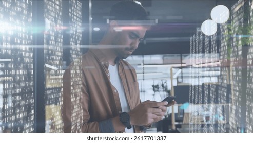 Image of biracial businessman using smartphone over data processing. global business, finances, connections and digital interface concept digitally generated image.