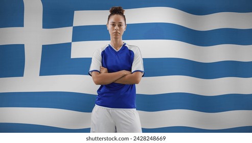 Image of biracial female soccer player over flag of greece. Global sport, patriotism and digital interface concept digitally generated image. - Powered by Shutterstock