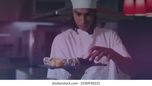 Image of biracial male chef preparing sushi. social media and communication interface concept digitally generated image. - Powered by Shutterstock