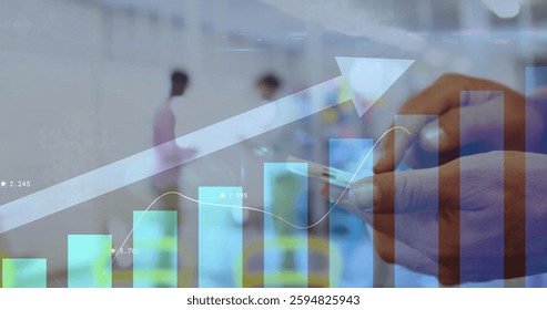 Image of biracial man using smartphone and data processing. Global connections, computing and data processing concept digitally generated image.