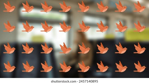 Image of birds pattern moving over blurred train. Colour, shape, patters and movement concept digitally generated image. - Powered by Shutterstock