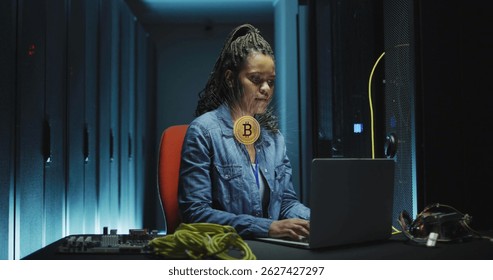 Image of bitcoin and data processing over female it engineer by computer servers. Global data processing, servers and cloud computing concept digitally generated image.