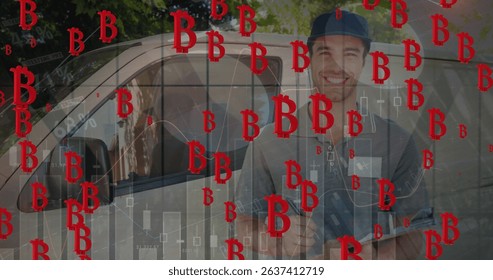 Image of bitcoin icons over delivery man next to a car. Global business, finances, connections, technology, data processing and digital interface concept digitally generated image.