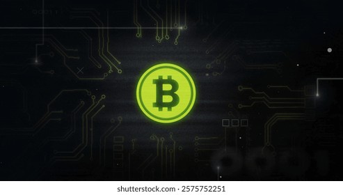Image of bitcoin symbol with computer circuit board and data processing on black background. Global technology, computing and digital interface concept digitally generated image.