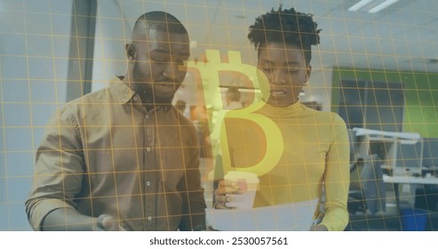 Image of bitcoin symbol and data processing over diverse business people in office. Global cryptocurrency, business, connections, computing and data processing concept digitally generated image.