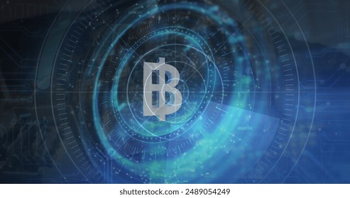 Image of bitcoin symbol, scopes scanning and data processing. Global computing, networks and data processing concept digitally generated image.