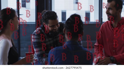Image of bitcoins falling over diverse group of people. Global business, finances, data processing and digital interface concept digitally generated image.