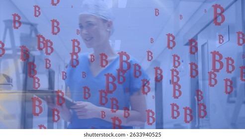 Image of bitcoins sings failing over caucasian female doctor. Global business, finances, data processing and digital interface concept digitally generated image.