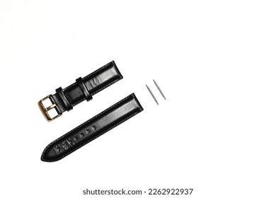 Image of a black watch strap on a white background.