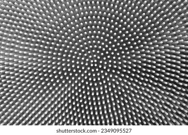 An image with black and white dots on  background in 3D relief. Abstract dotted. Halftone radial pattern