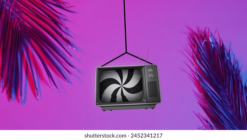 Image of black and white stripes spinning over retro tv on purple background. Retro communication, abstract, shape, colour and movement concept digitally generated image. - Powered by Shutterstock