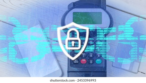 Image of block chain and security padlock on shield over payment terminal. global data security and contactless payments safety concept digitally generated image.