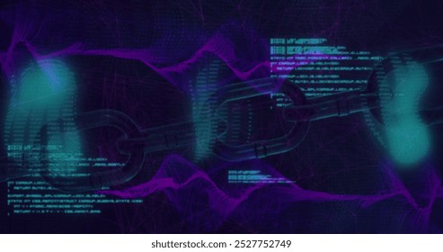 Image of blockchain, computer language and abstract pattern over dynamic waves. Digitally generated, hologram, illustration, cryptocurrency, data, coding, banking and technology concept. - Powered by Shutterstock - Get 15% off with code: PIKWIZARD15