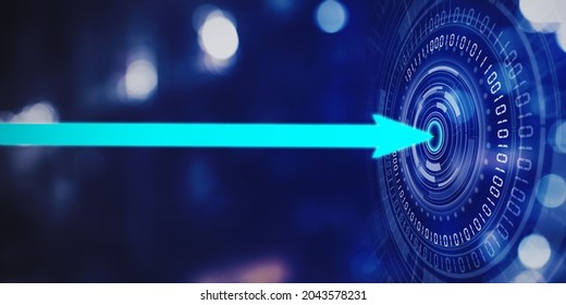 Image Of Blue Arrow Aiming On The Target With Binary Code In Cyberspace With Blurred Sparkling Light Background