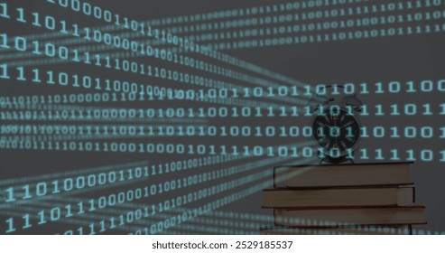 Image of blue binary codes moving over alarm clock on books against white background. Digital composite, multiple exposure, time, computer language, education machine learning and technology. - Powered by Shutterstock - Get 15% off with code: PIKWIZARD15
