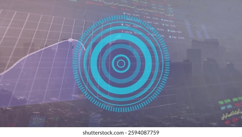 Image of blue circular scanner over financial data processing and cityscape. Digital interface, finance, data, network, connection and global communication, digitally generated image.