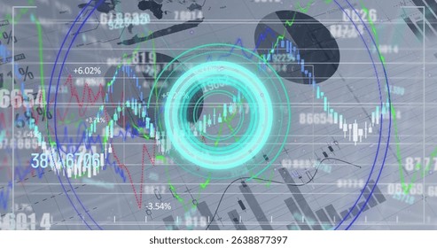 Image of blue circular scanner over layers of processing data on grey background. Global communication, business, data and digital interface concept digitally generated image.